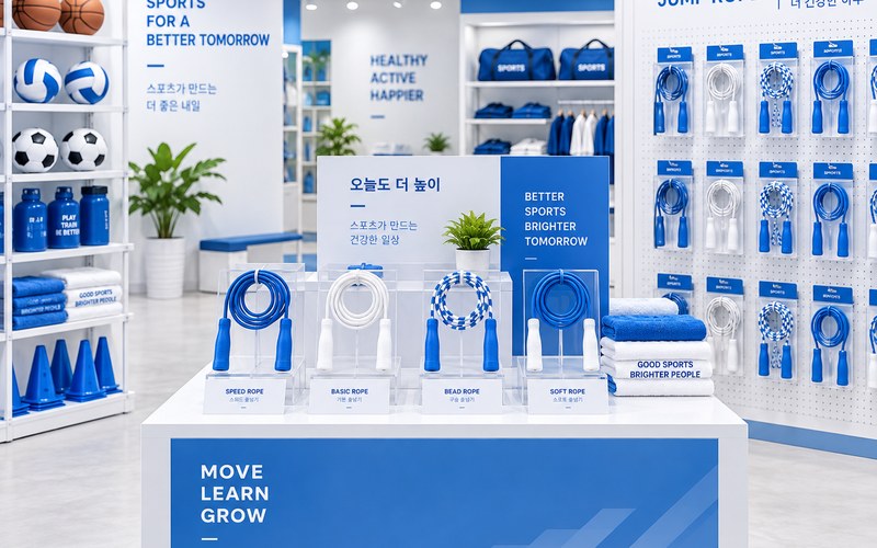 체육사 매장에 줄넘기가 종류별로 진열된 모습